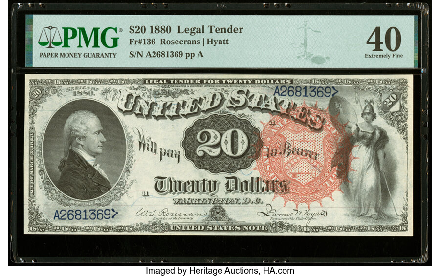 image for: Fr. 136 $20 1880 Legal Tender PMG Extremely Fine 40....