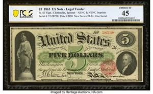 image for: Fr. 63 $5 1863 Legal Tender PCGS Banknote Choice XF 45....