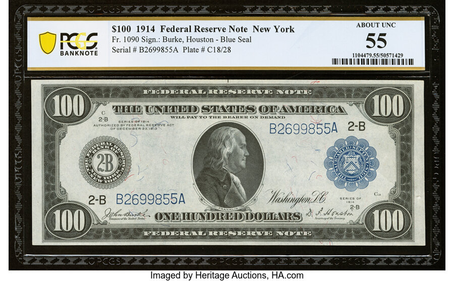 image for: Fr. 1090 $100 1914 Federal Reserve Note PCGS Banknote About Unc 55....
