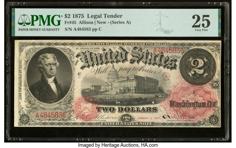 image for: Fr. 45 $2 1875 Legal Tender PMG Very Fine 25....
