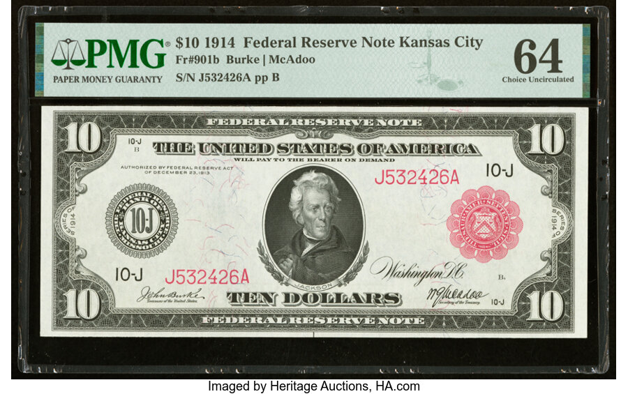 image for: Fr. 901b $10 1914 Red Seal Federal Reserve Note PMG Choice Uncirculated 64....