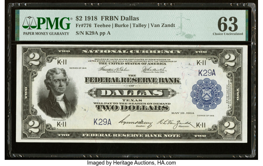 image for: Low Serial Number 29 Fr. 776 $2 1918 Federal Reserve Bank Note PMG Choice Uncirculated 63....