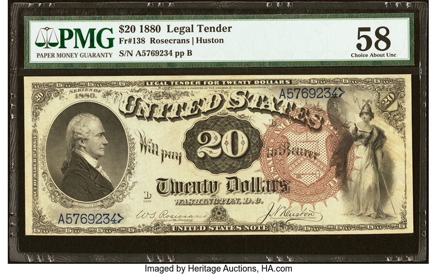 image for: Fr. 138 $20 1880 Legal Tender PMG Choice About Unc 58....