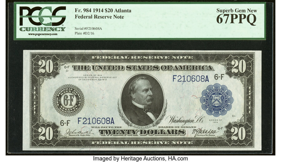 image for: Fr. 984 $20 1914 Federal Reserve Note PCGS Superb Gem New 67PPQ....