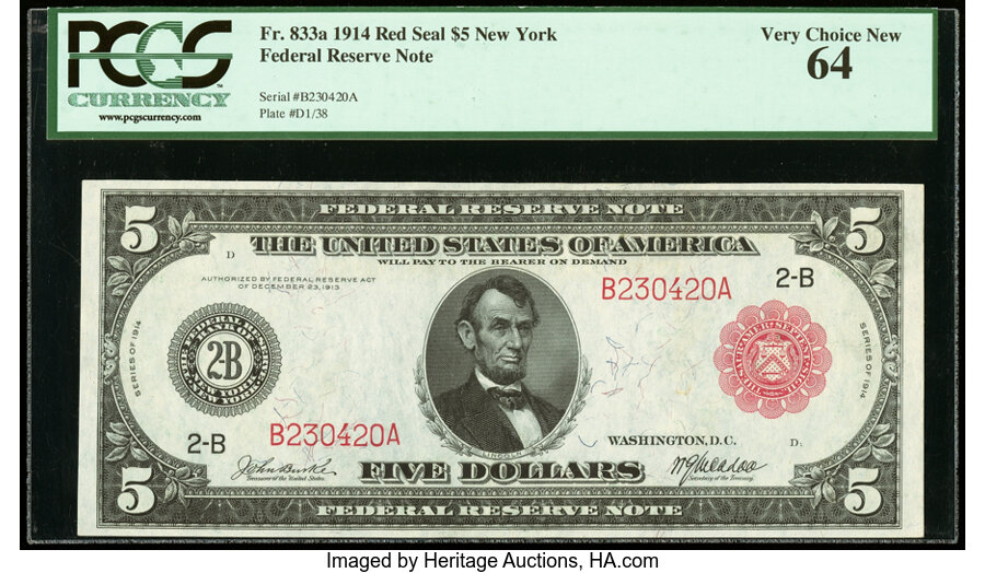 image for: Fr. 833a $5 1914 Red Seal Federal Reserve Note PCGS Very Choice New 64....