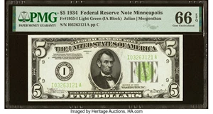 image for: Fr. 1955-I $5 1934 Light Green Seal Federal Reserve Note. PMG Gem Uncirculated 66 EPQ....