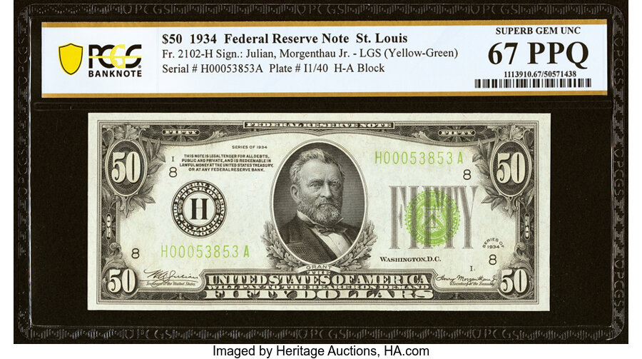 image for: Fr. 2102-H $50 1934 Light Green Seal Federal Reserve Note. PCGS Banknote Superb Gem Unc 67 PPQ....