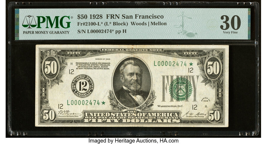 image for: Fr. 2100-L* $50 1928 Federal Reserve Star Note. PMG Very Fine 30....