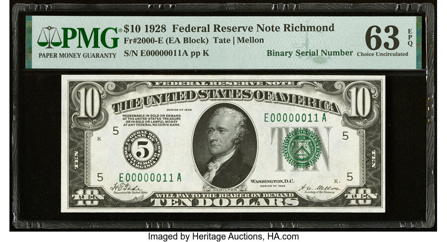 image for: Low Serial Number E00000011A Fr. 2000-E $10 1928 Federal Reserve Note. PMG Choice Uncirculated 63 EPQ....