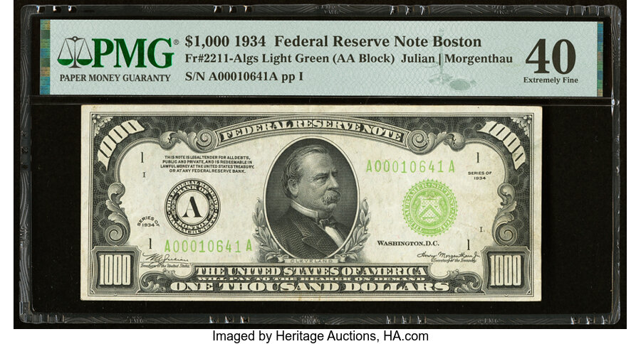 image for: Fr. 2211-A $1,000 1934 Light Green Seal Federal Reserve Note. PMG Extremely Fine 40....