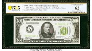 image for: Fr. 2201-A $500 1934 Light Green Seal Federal Reserve Note. PCGS Banknote Uncirculated 62....