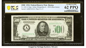 image for: Fr. 2201-A $500 1934 Federal Reserve Note. PCGS Banknote Uncirculated 62 PPQ....