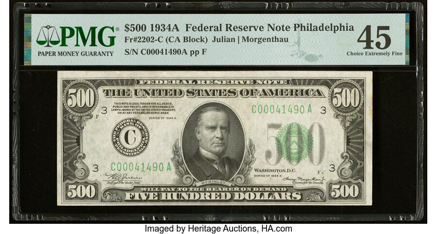image for: Fr. 2202-C $500 1934A Federal Reserve Note. PMG Choice Extremely Fine 45....