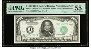 image for: Fr. 2211-J $1,000 1934 Mule Federal Reserve Note. PMG About Uncirculated 55....