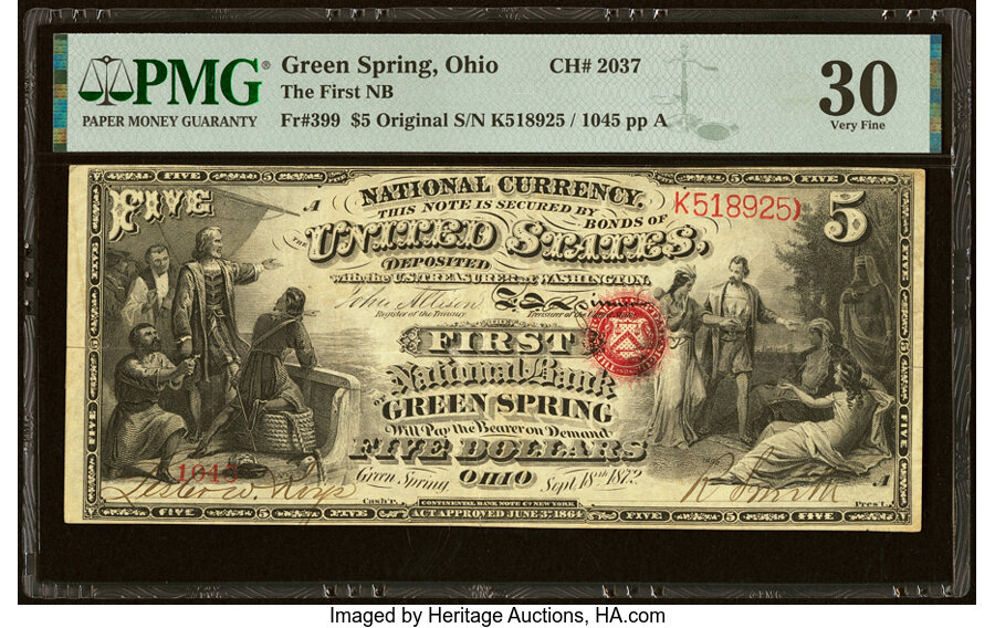 image for: Green Spring, OH - $5 Original Fr. 399 The First National Bank Ch. # 2037 PMG Very Fine 30....