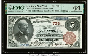 image for: New York, NY - $5 1882 Brown Back Fr. 467 The National Bank of Commerce Ch. # 733 PMG Choice Uncirculated 64....