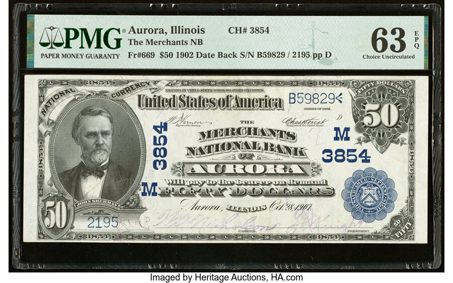 image for: Aurora, IL - $50 1902 Date Back Fr. 669 The Merchants National Bank Ch. # (M)3854 PMG Choice Uncirculated 63 EPQ....