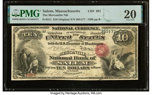 image for: Salem, MA - $10 Original Fr. 411 The Mercantile National Bank Ch. # 691 PMG Very Fine 20....