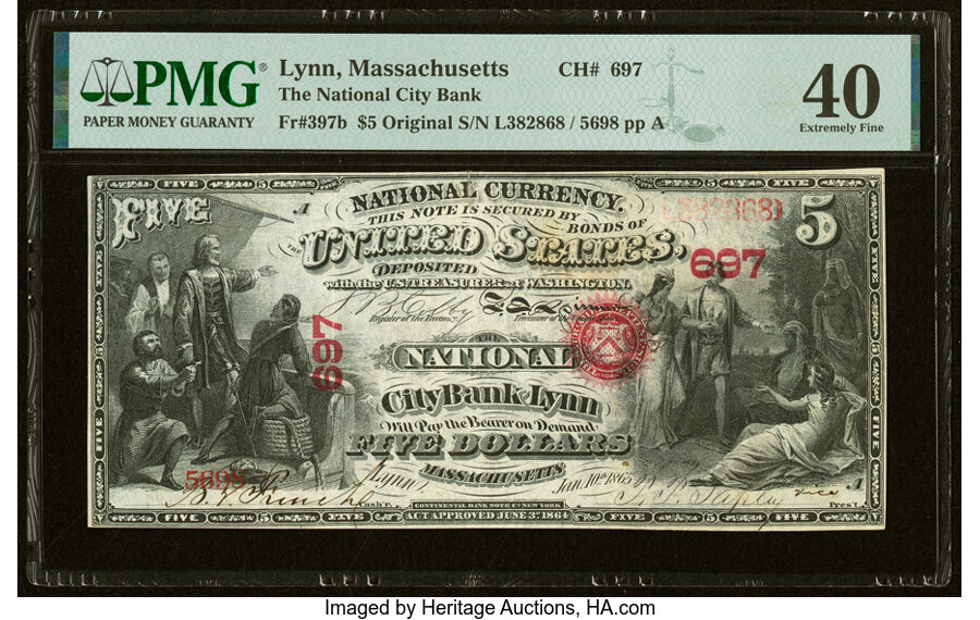 image for: Lynn, MA - $5 Original Fr. 397b The National City Bank Ch. # 697 PMG Extremely Fine 40....