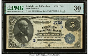 image for: Raleigh, NC - $5 1882 Date Back Fr. 532 The Citizens National Bank Ch. # (S)1766 PMG Very Fine 30....