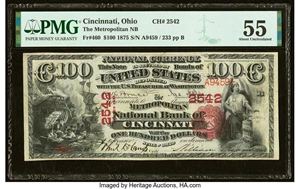 image for: Cincinnati, OH - $100 1875 Fr. 460 The Metropolitan National Bank Ch. # 2542 PMG About Uncirculated 55....