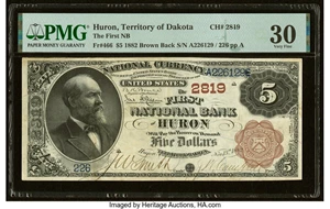 image for: Huron, Territory of Dakota - $5 1882 Brown Back Fr. 466 The First National Bank Ch. # 2819 PMG Very Fine 30....