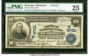 image for: Muskogee, OK - $10 1902 Date Back Fr. 619 The American National Bank Ch. # (W)9701 PMG Very Fine 25....