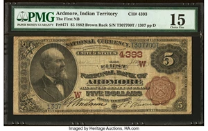 image for: Ardmore, Indian Territory - $5 1882 Brown Back Fr. 471 The First National Bank Ch. # (W)4393 PMG Choice Fine 15....