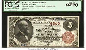 image for: Plymouth, MI - $5 1882 Brown Back Fr. 472 The First National Exchange Bank Ch. # 4649 PCGS Gem New 66PPQ....