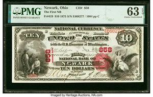 image for: Newark, OH - $10 1875 Fr. 419 The First National Bank Ch. # 858 PMG Choice Uncirculated 63 EPQ....