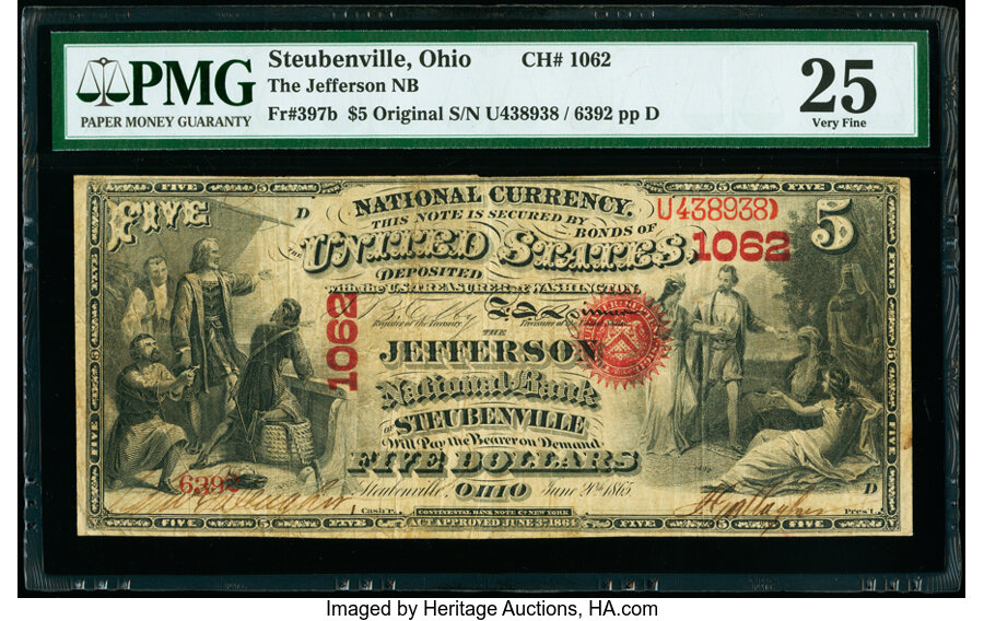 image for: Steubenville, OH - $5 Original Fr. 397b The Jefferson National Bank Ch. # 1062 PMG Very Fine 25....