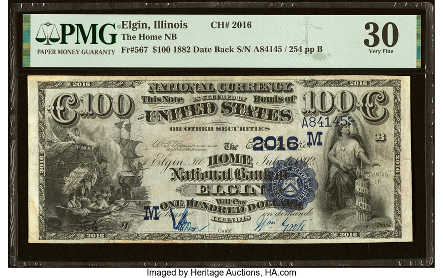 image for: Elgin, IL - $100 1882 Date Back Fr. 567 The Home National Bank Ch. # (M)2016 PMG Very Fine 30....