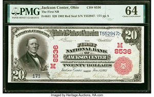 image for: Jackson Center, OH - $20 1902 Red Seal Fr. 641 The First National Bank Ch. # (M)8536 PMG Choice Uncirculated 64....