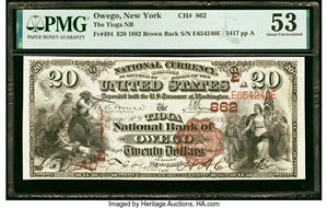 image for: Owego, NY - $20 1882 Brown Back Fr. 494 The Tioga National Bank Ch. # (E)862 PMG About Uncirculated 53....