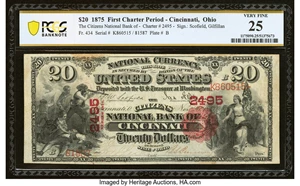 image for: Cincinnati, OH - $20 1875 Fr. 434 The Citizens National Bank Ch. # 2495 PCGS Banknote Very Fine 25....