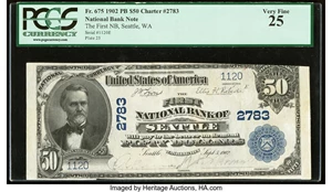 image for: Seattle, WA - $50 1902 Plain Back Fr. 675 The First National Bank Ch. # 2783 PCGS Very Fine 25....