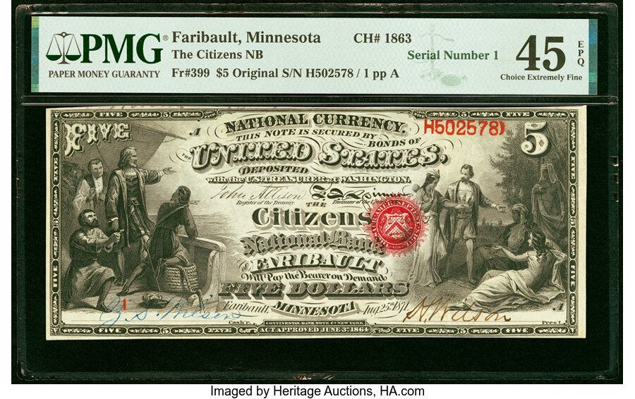 image for: Serial Number 1 Faribault, MN - $5 Original Fr. 399 The Citizens National Bank Ch. # 1863 PMG Choice Extremely Fine 45 EPQ....