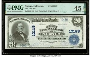 image for: Suisun, CA - $20 1902 Plain Back Fr. 654 The First National Bank Ch. # 10149 PMG Choice Extremely Fine 45 EPQ....
