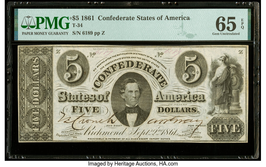 image for: T34 $5 1861 PF-5 Cr. 263 PMG Gem Uncirculated 65 EPQ....
