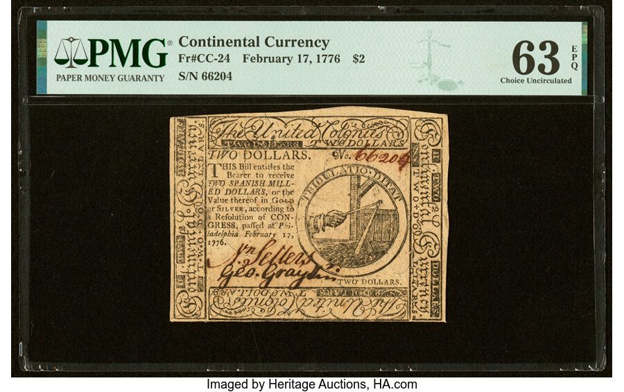 image for: Continental Currency February 17, 1776 $2 PMG Choice Uncirculated 63 EPQ....