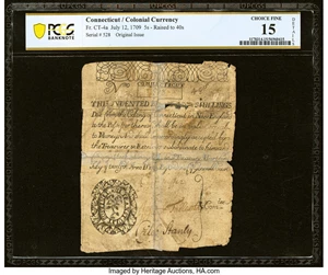 image for: Connecticut July 12, 1709 5s Raised to 40s PCGS Banknote Choice Fine 15 Details....