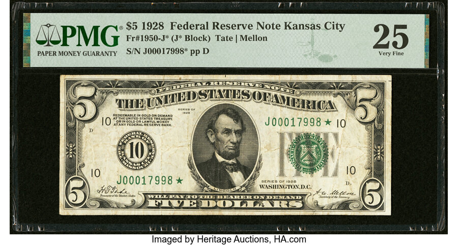 image for: Fr. 1950-J* $5 1928 Federal Reserve Star Note. PMG Very Fine 25....