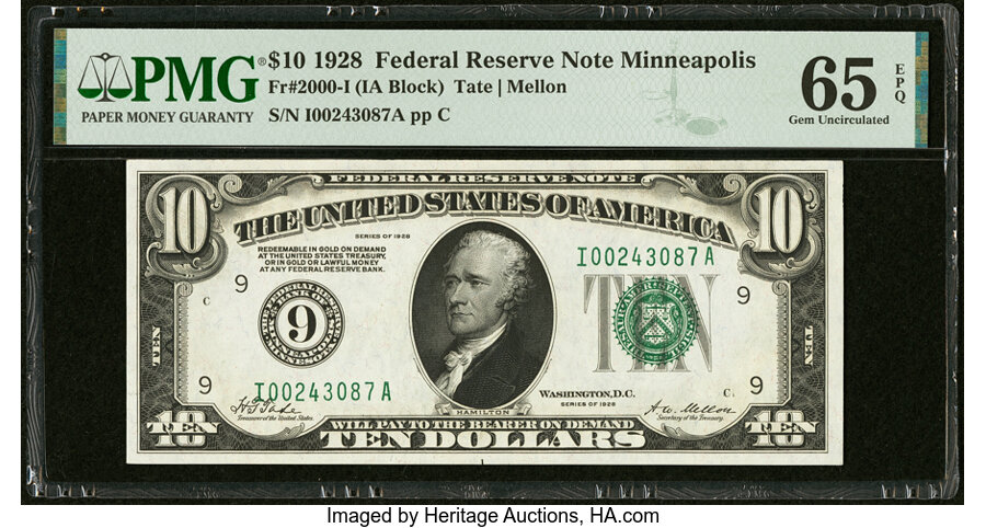 image for: Fr. 2000-I $10 1928 Federal Reserve Note. PMG Gem Uncirculated 65 EPQ....