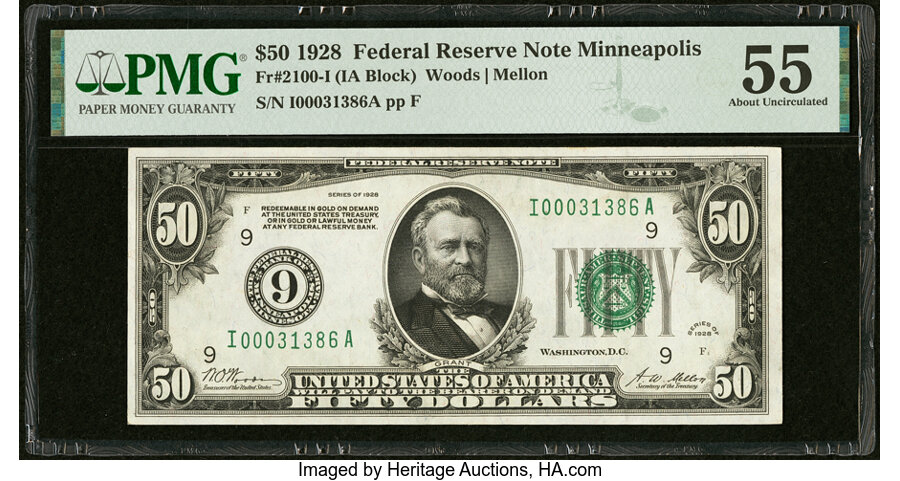 image for: Fr. 2100-I $50 1928 Federal Reserve Note. PMG About Uncirculated 55....