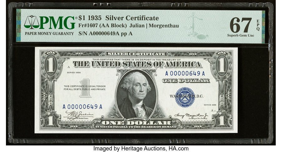 image for: Low Serial Number 649 Fr. 1607 $1 1935 Silver Certificate. PMG Superb Gem Unc 67 EPQ....