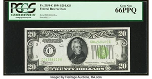 image for: Fr. 2054-C $20 1934 Light Green Seal Federal Reserve Note. PCGS Gem New 66PPQ....