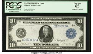 image for: Fr. 934 $10 1914 Federal Reserve Note PCGS Gem New 65....