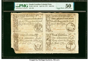 image for: South Carolina April 10, 1778 2s 6d-3s 9d-5s-10s Partial Uncut Sheet of Four PMG About Uncirculated 50....