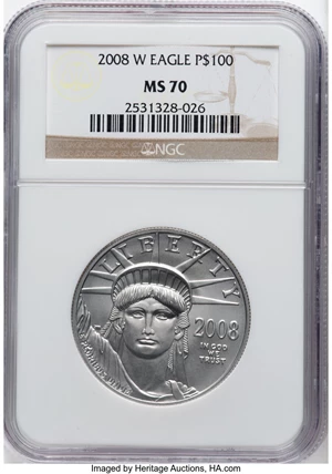 image for: 2008-W $100 One-Ounce Platinum Eagle, Burnished, MS70 NGC. Mintage 4,769....