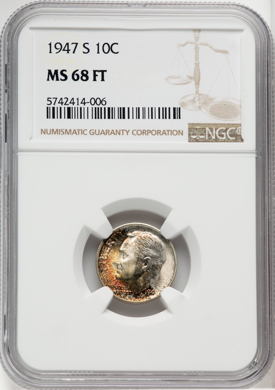image for: 1947-S 10C MS68 Full Bands NGC. NGC Census: (13/0).  Mintage 34,840,000. ...